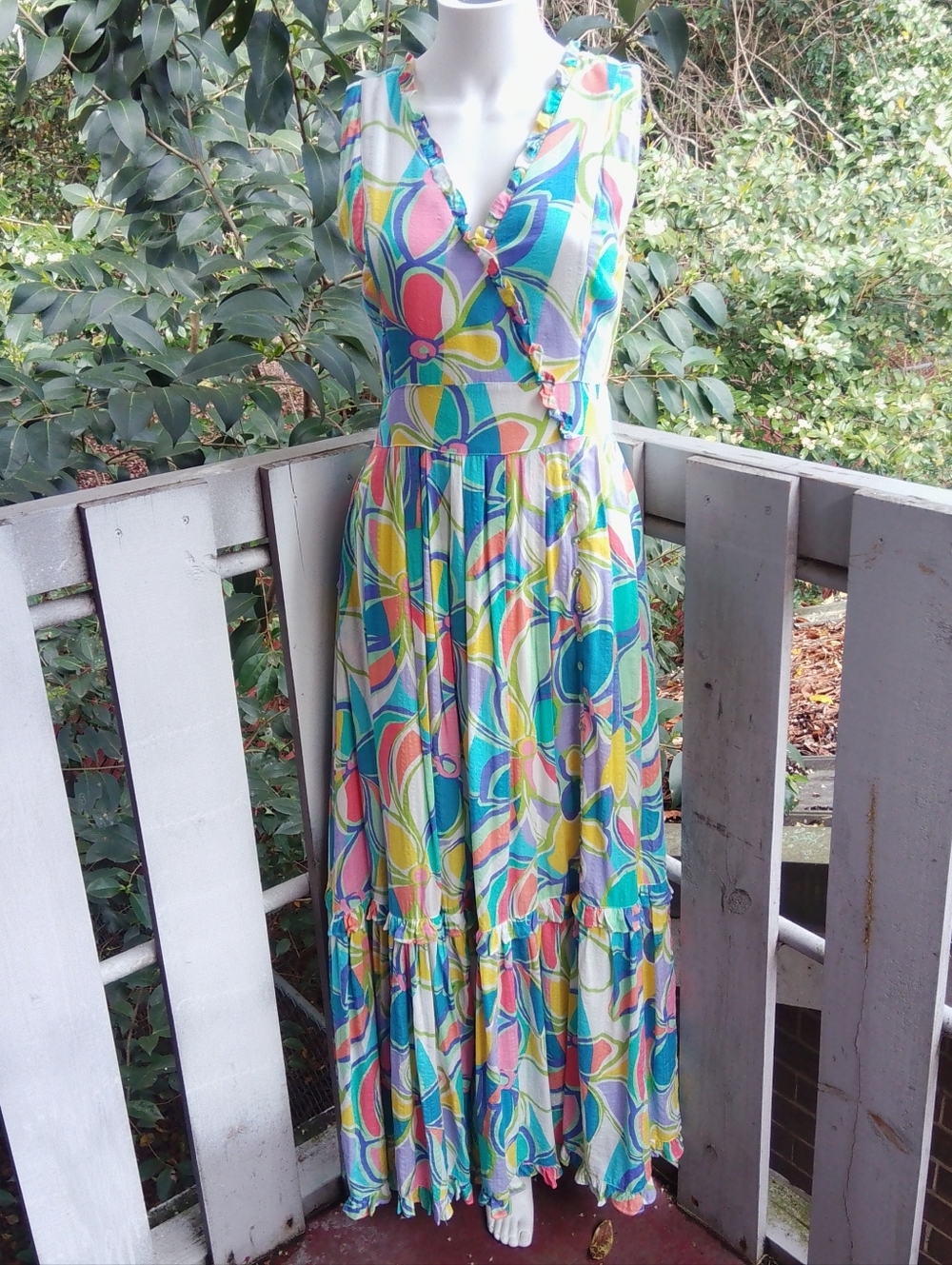 Boho Floral Cottagecore Colorful Ruffle Tiered Sleeveless long Maxi Dress Small